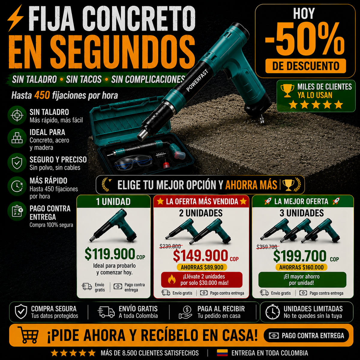 Pistola de Clavos Profesional – Fija en Concreto, Acero y Madera sin Taladro